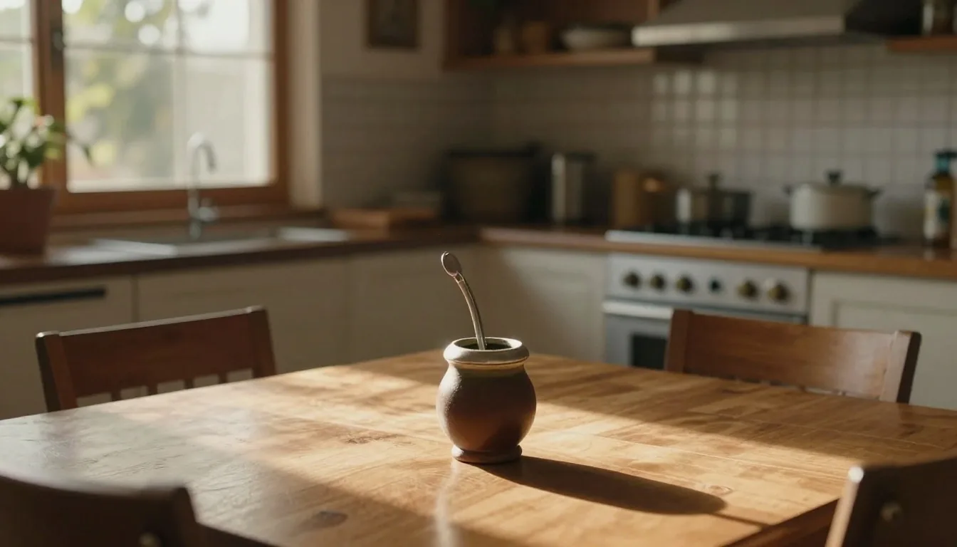Mesa de cocina con planillas de presupuesto iluminadas por el sol de la tarde