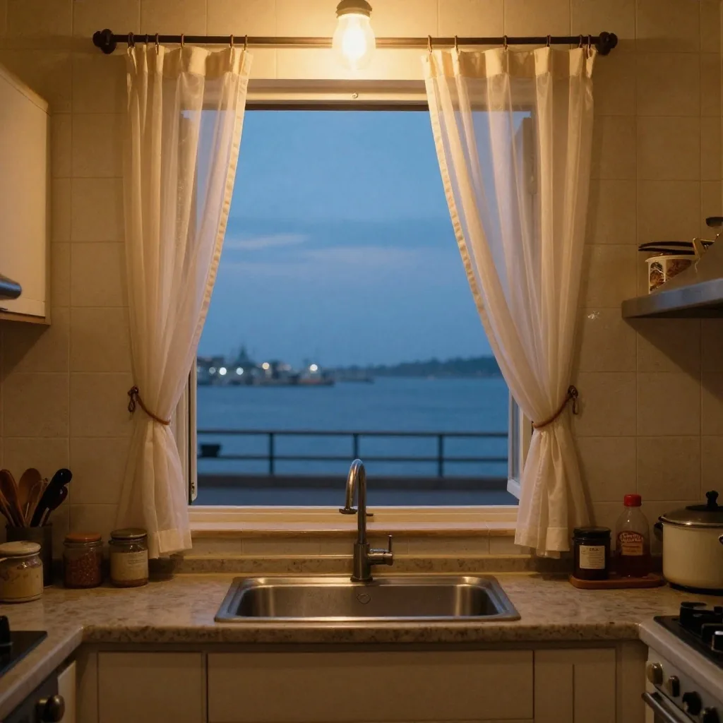 Ventana de cocina hacia el puerto al atardecer con libreta en el alféizar