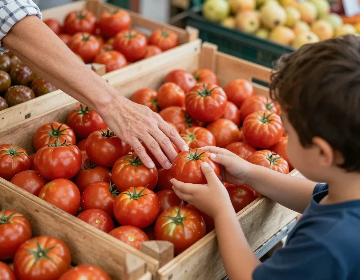 Madre e hijo comparando precios en la verdulería