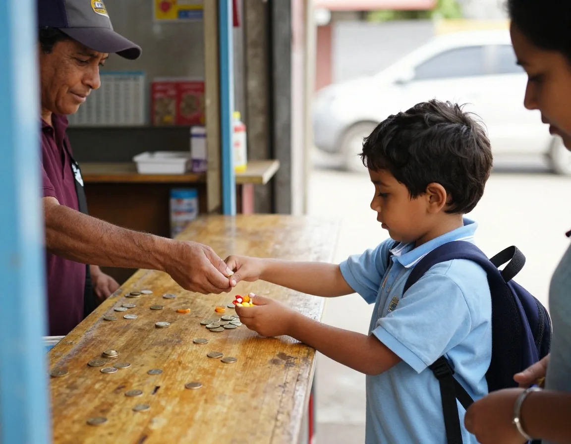 Niño pagando una compra pequeña en el kiosco