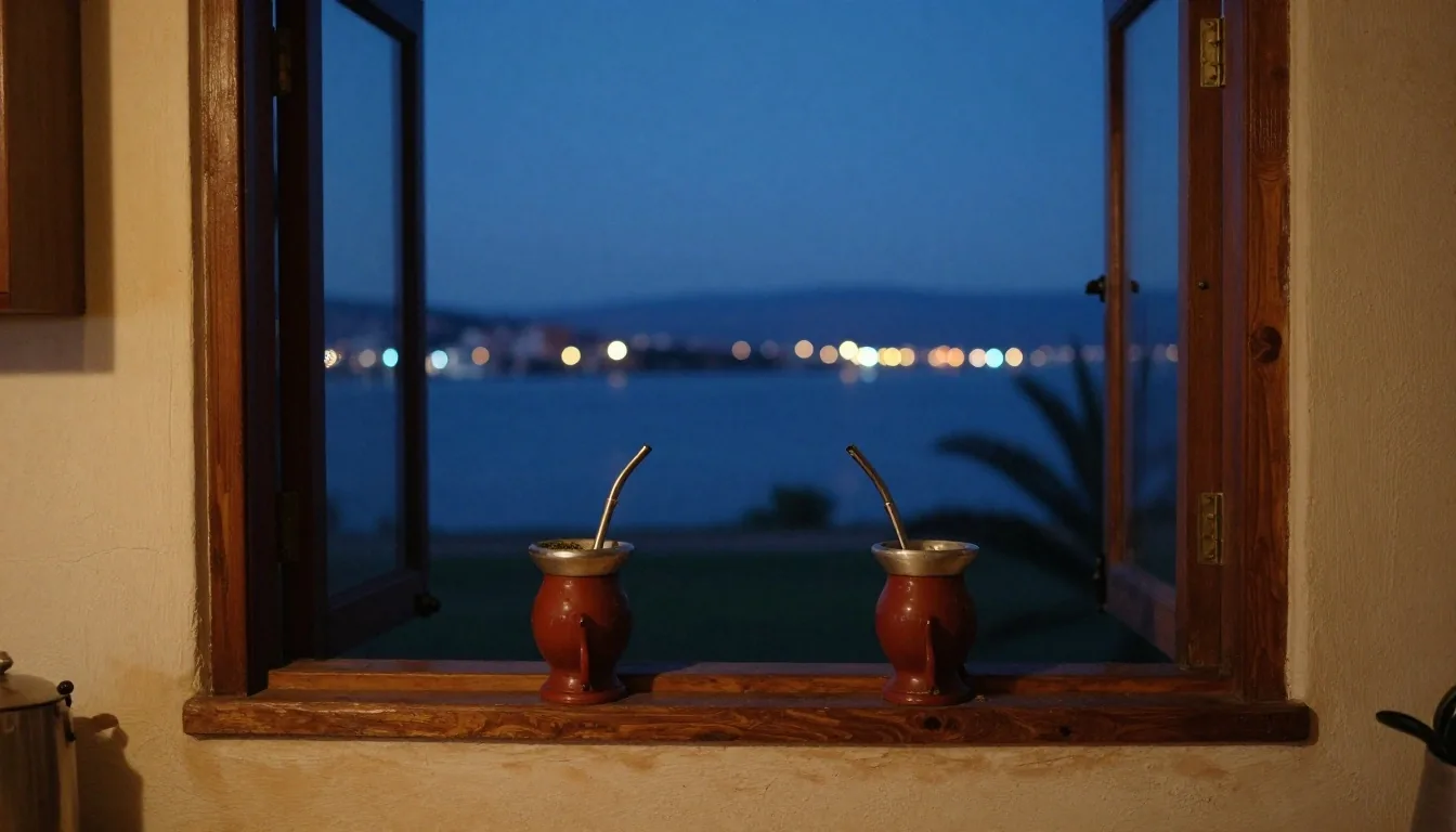 Ventana de cocina con vista al puerto al atardecer y cuaderno abierto