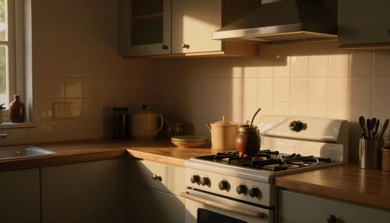Mesa de cocina con planillas de presupuesto familiar a la luz de la tarde