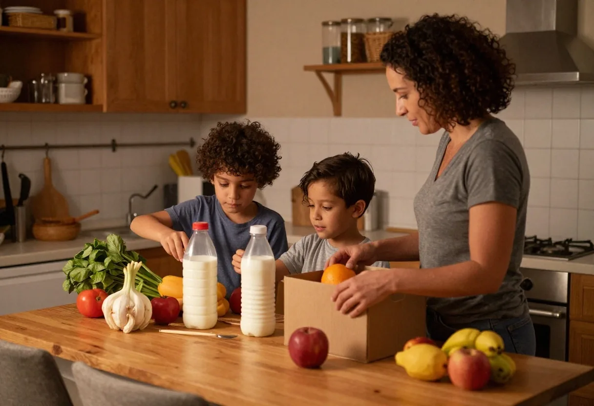 Madre e hijo que comparan precios en la mesa de la cocina