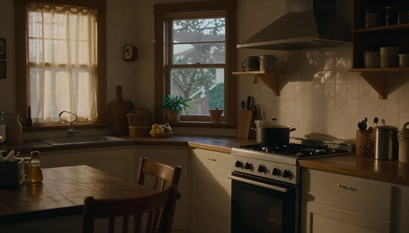 Mesa de cocina con planillas de presupuesto familiar a la luz de la tarde