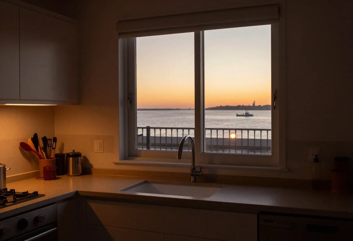 Ventana de cocina hacia el puerto al atardecer