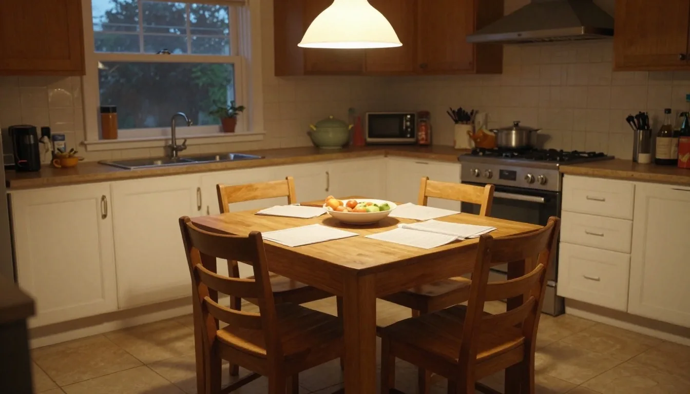 Mesa de cocina argentina con planilla de presupuesto iluminada por sol de tarde