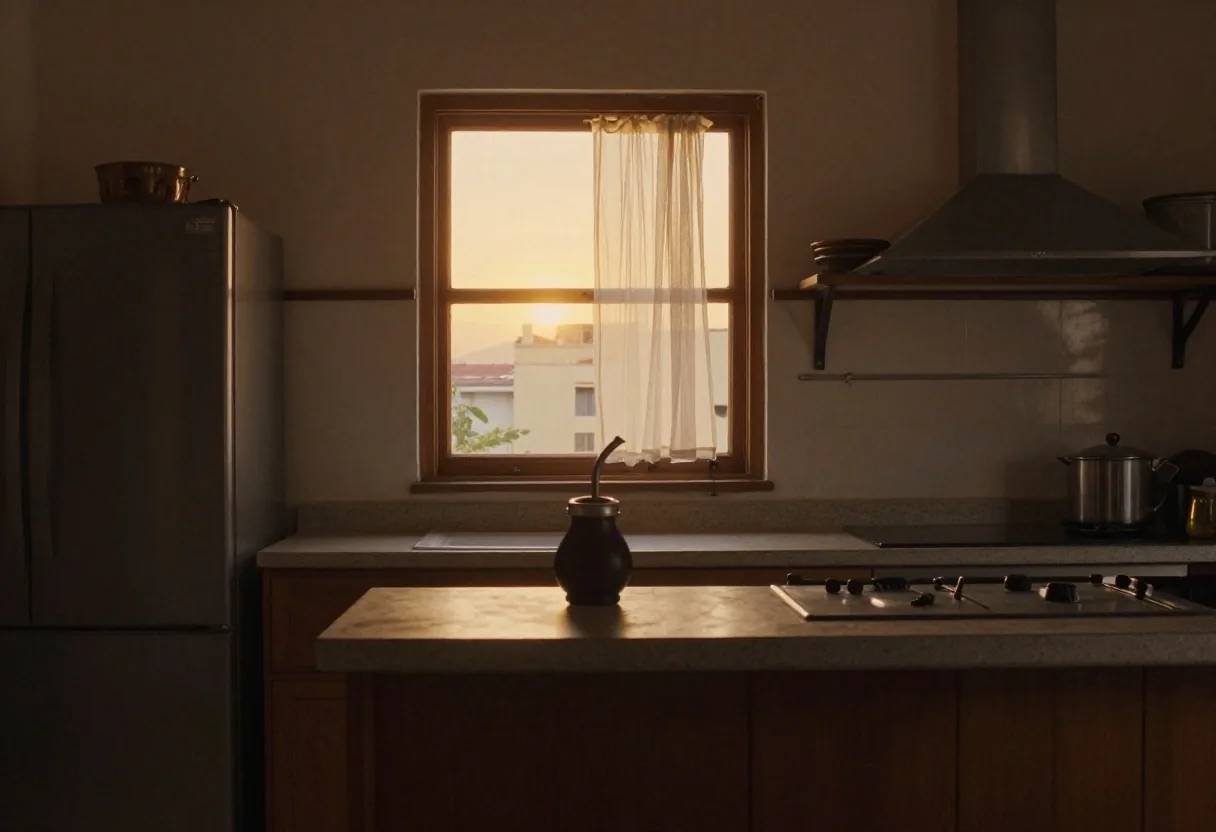 Ventana de cocina argentina al atardecer con mate y cuaderno