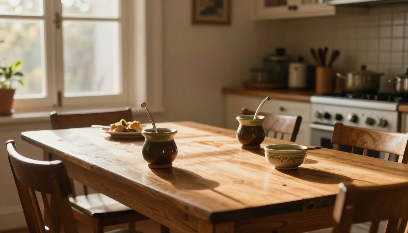 Mesa de cocina con planillas del presupuesto familiar a la luz de la tarde